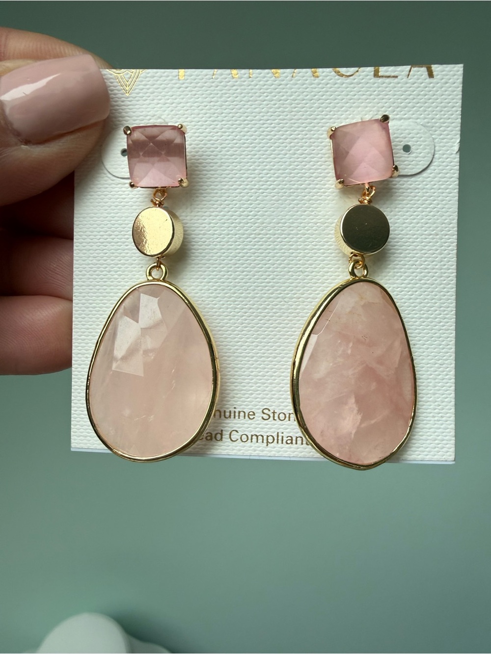 Panacea Rose Quartz Gold Tone Statement Drop Earrings Blush Pink NWT